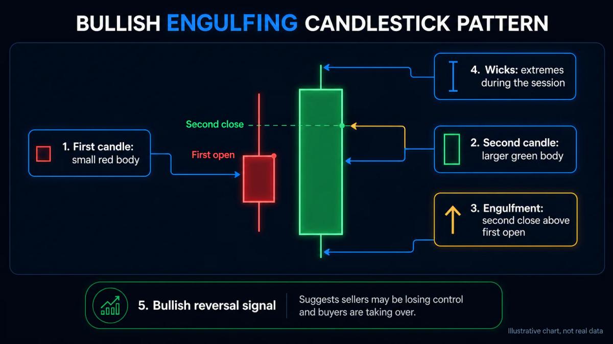 Anatomy of a bullish engulfing pattern with body, wicks, and two-candle structure labeled