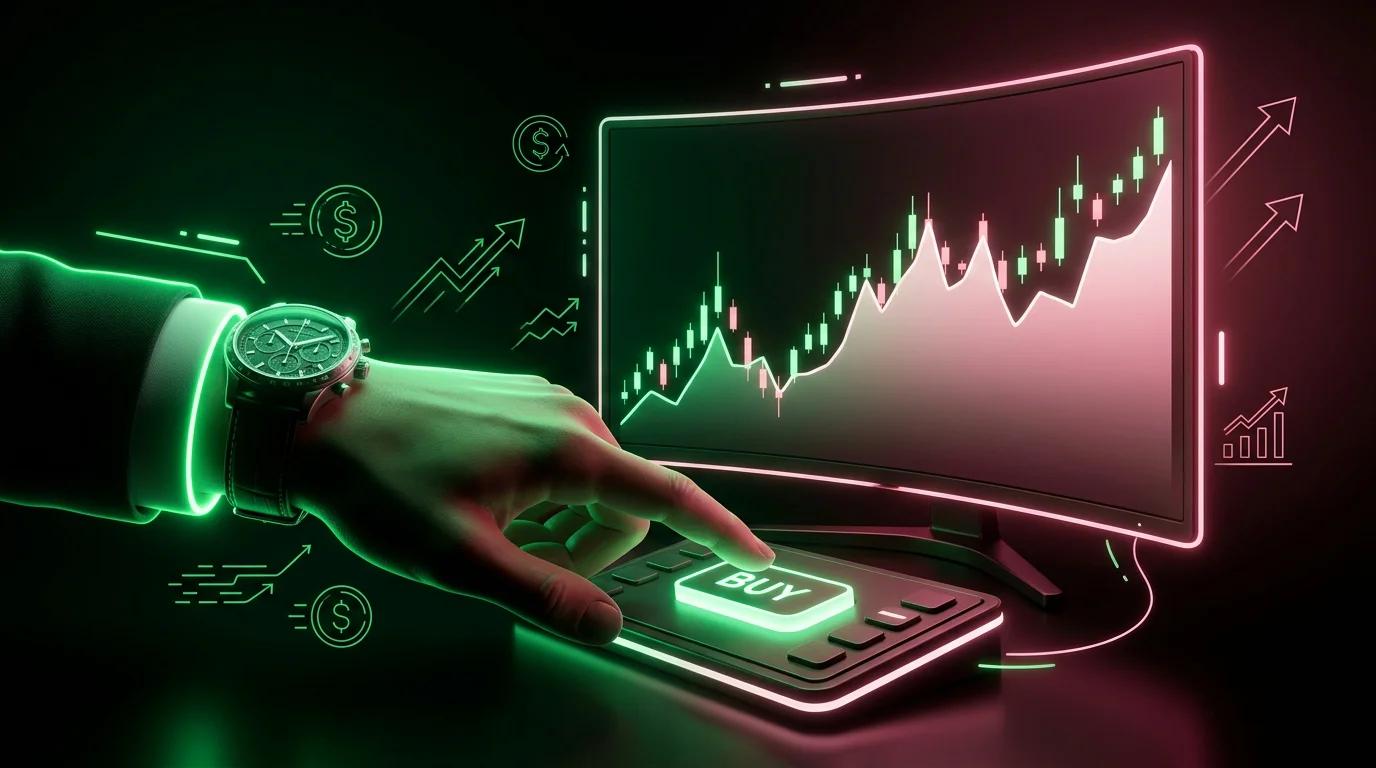 Trader che guarda uno schermo con grafico in movimento, dito sospeso sul pulsante di acquisto, con un orologio che scorre sul