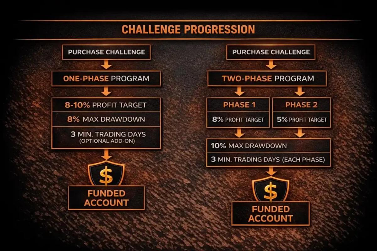 Instant Funding challenge progression infographic showing phase requirements and trading rules