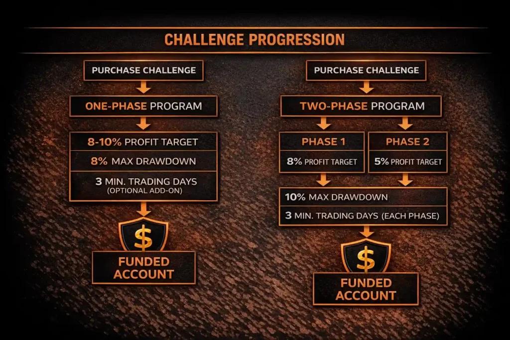 Instant Funding challenge progression infographic showing phase requirements and trading rules