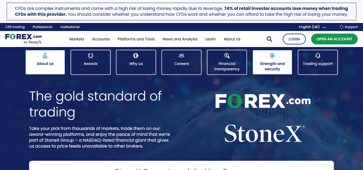 Sezione Chi siamo di Forex.com che indica l’appartenenza al gruppo StoneX