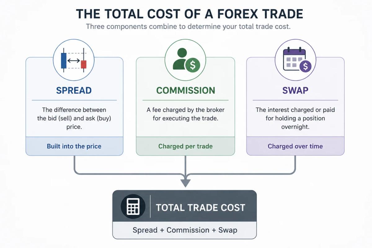Diagram showing how spread commission and swap combine to form total forex trade cost
