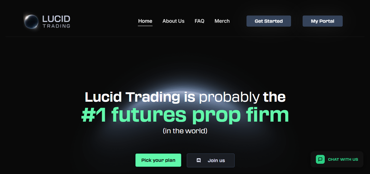 Portada de Lucid Trading con llamada a comenzar la evaluación e indicadores de confianza