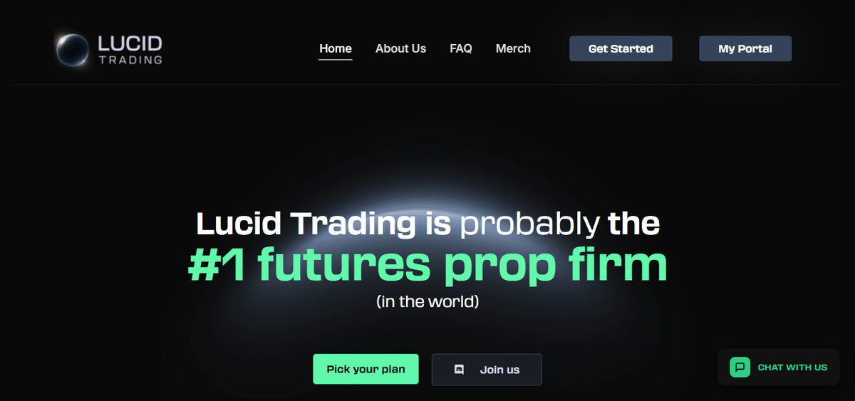 Portada de Lucid Trading con llamada a comenzar la evaluación e indicadores de confianza