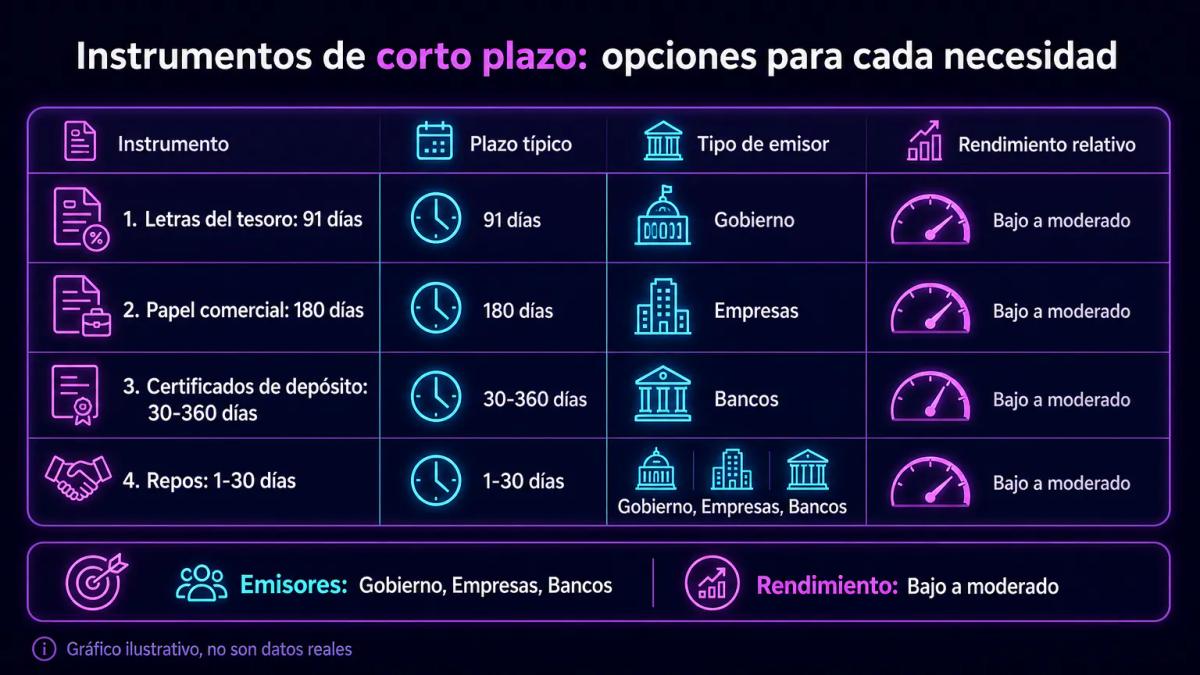 Tabla comparativa de cuatro instrumentos del mercado de dinero con plazos, emisores y rendimientos