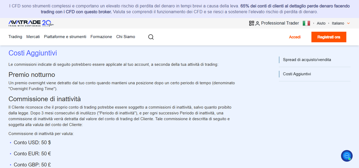 Tabella dei tipi di conto AvaTrade con spread EUR/USD tipico 0,9 pip e deposito minimo 100 $