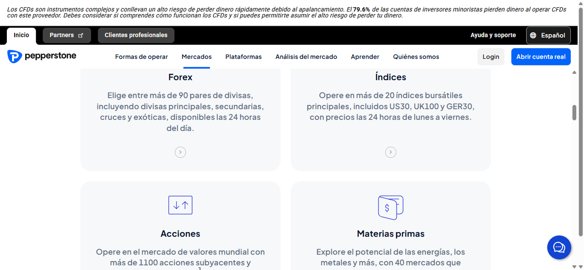 Listado de mercados de Pepperstone con forex, índices, materias primas, acciones y más