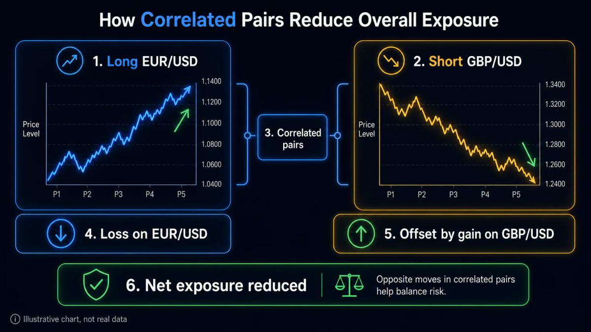 Two offsetting positions in EUR/USD and GBP/USD showing correlation and profit/loss flow