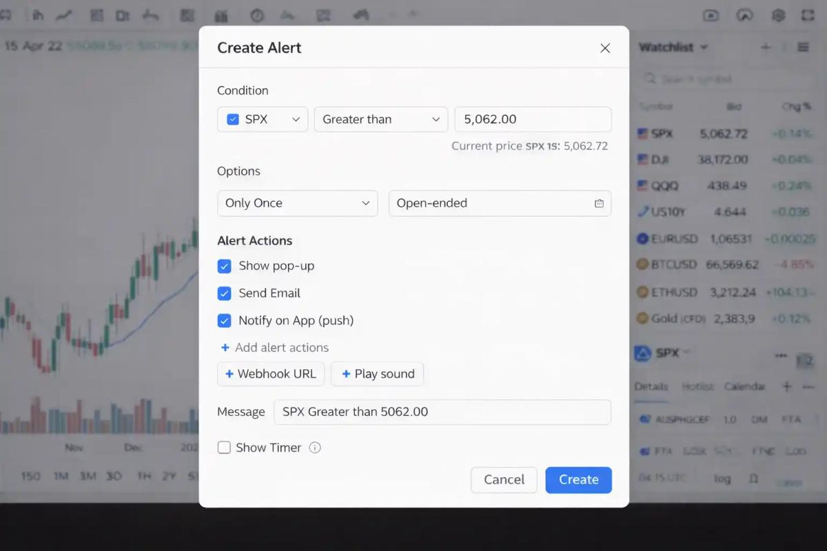 TradingView alert creation dialog showing price alert configuration and notification options