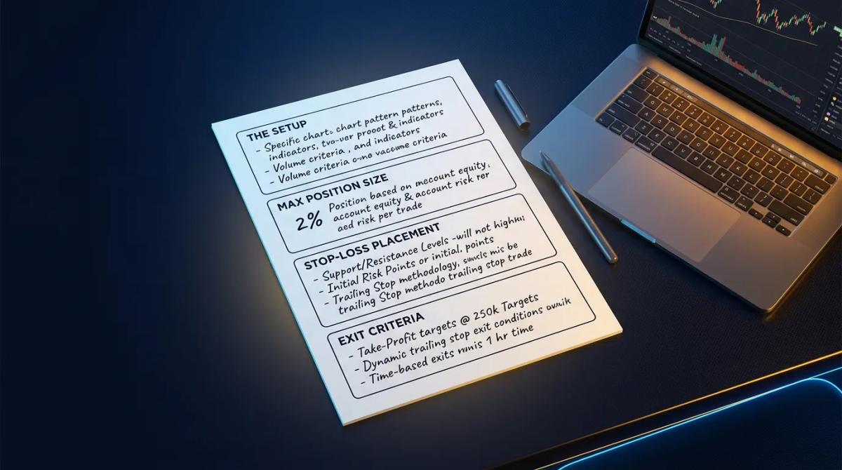 A written trading plan document with sections for setup rules, position size limits, stop-loss placement, and exit criteria