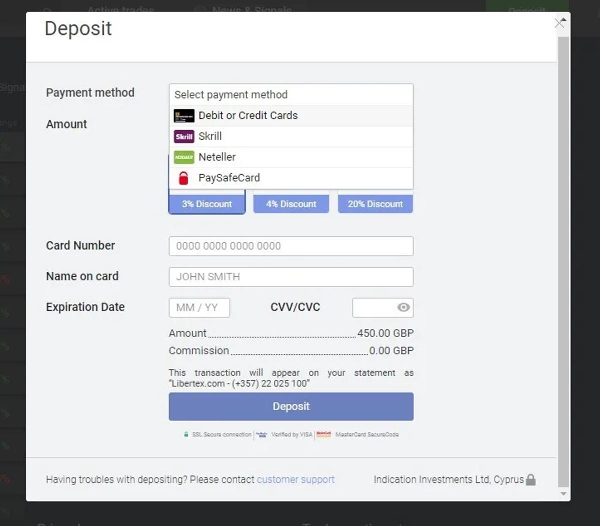 Libertex métodos depósito retiro tarjeta PayPal Skrill transferencia
