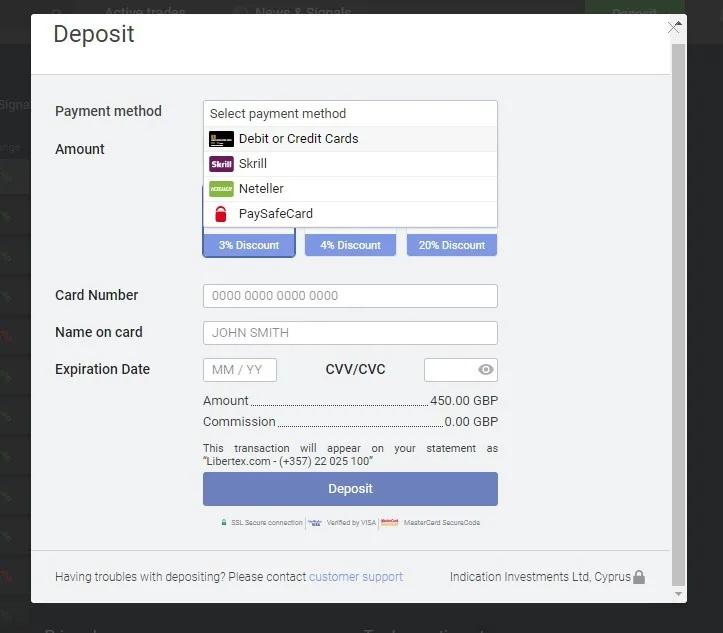 Libertex métodos depósito retiro tarjeta PayPal Skrill transferencia