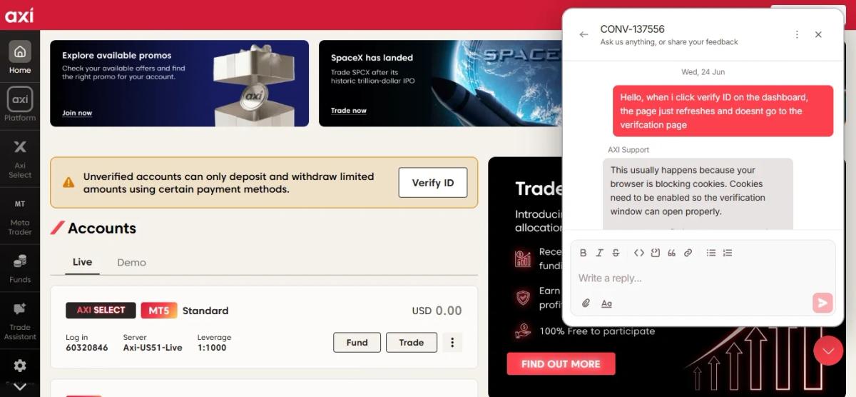 Axi live chat support transcript resolving the verification issue