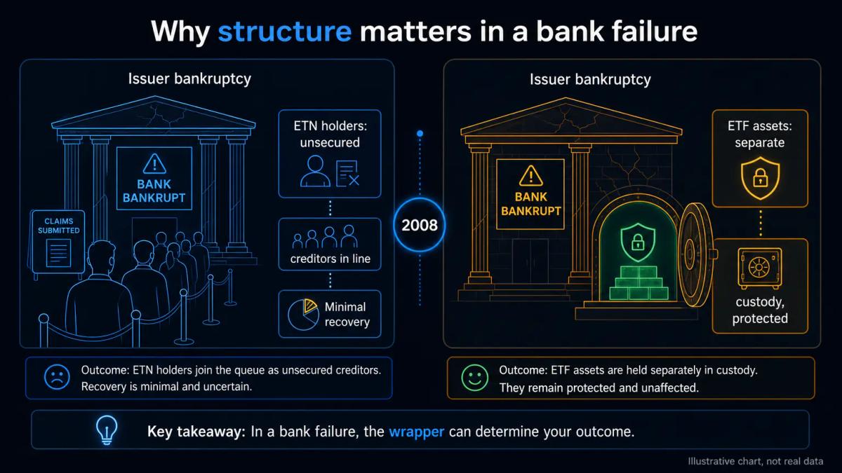 Bankruptcy timeline showing Lehman Brothers collapse in 2008 with ETN holders as unsecured creditors versus ETF holders prote
