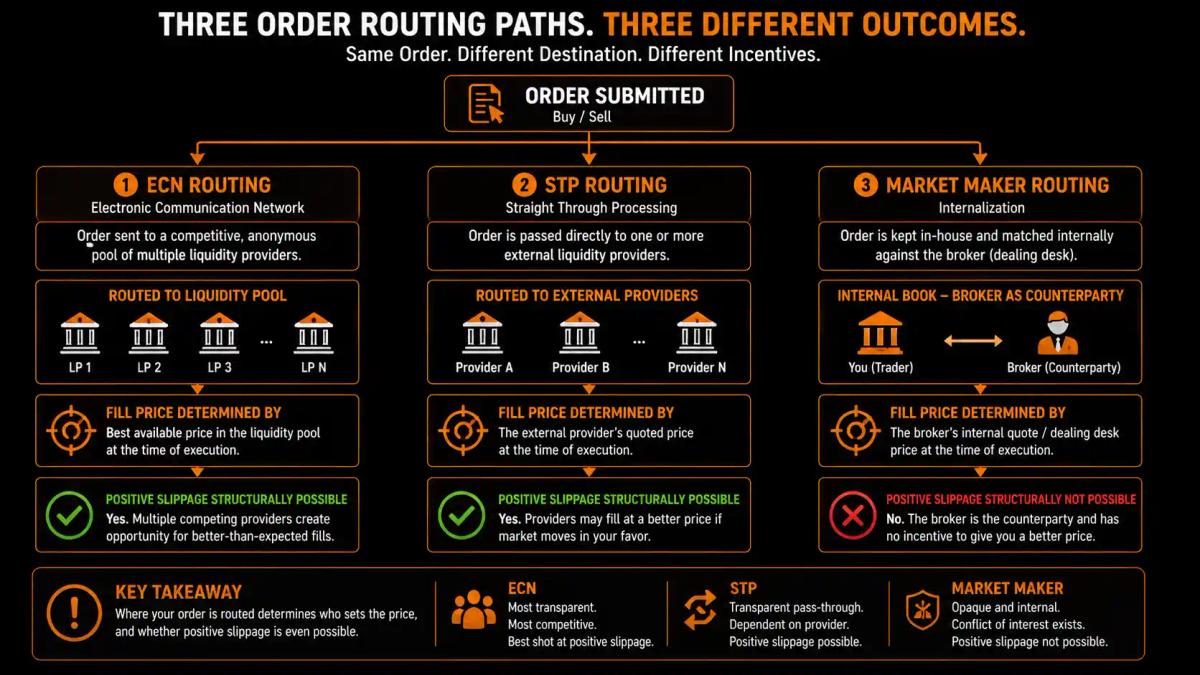 Flow diagram comparing ECN, STP, and market maker order routing paths in forex broker execution