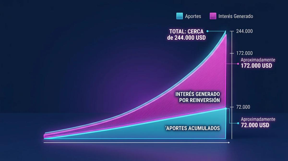 Gráfica de crecimiento de capital a 30 años con aportes mensuales de 200 USD al 7% anual, mostrando la proporción entre aport