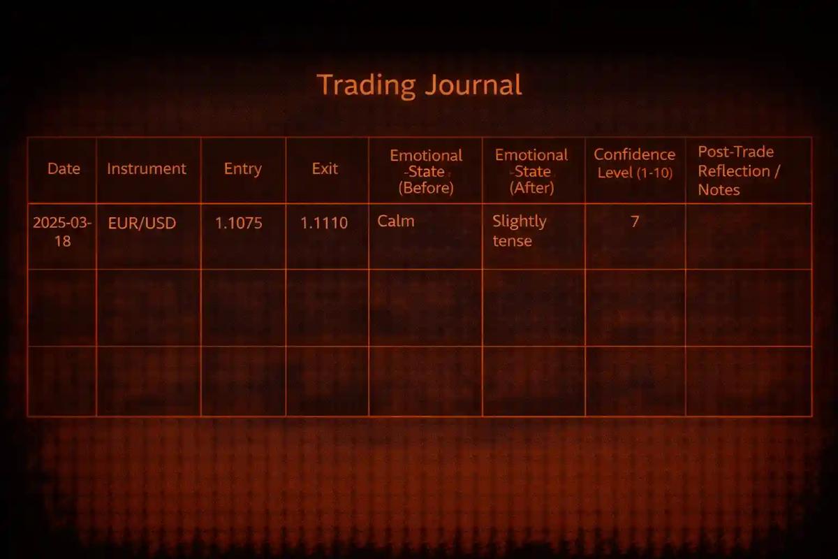 Trading journal template with columns for trade data, emotional state, confidence level, and post-trade reflection