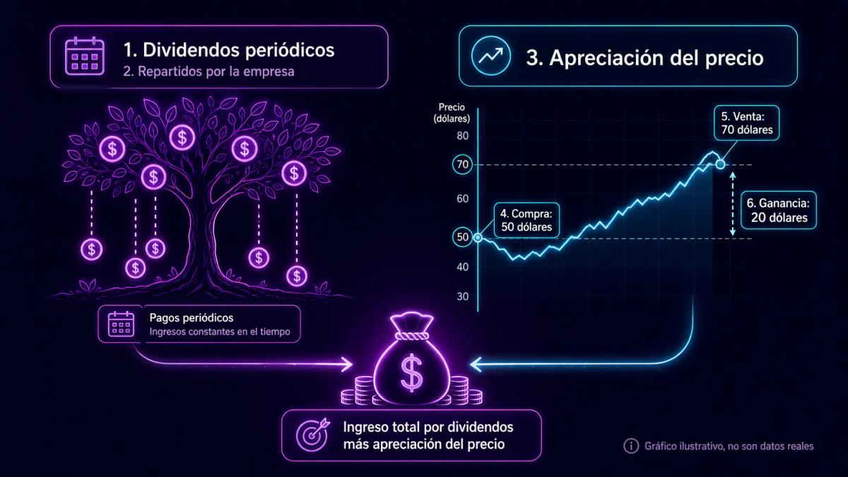 Dos caminos de ganancia: árbol con monedas cayendo representando dividendos, y flecha ascendente de precio mostrando plusvalí