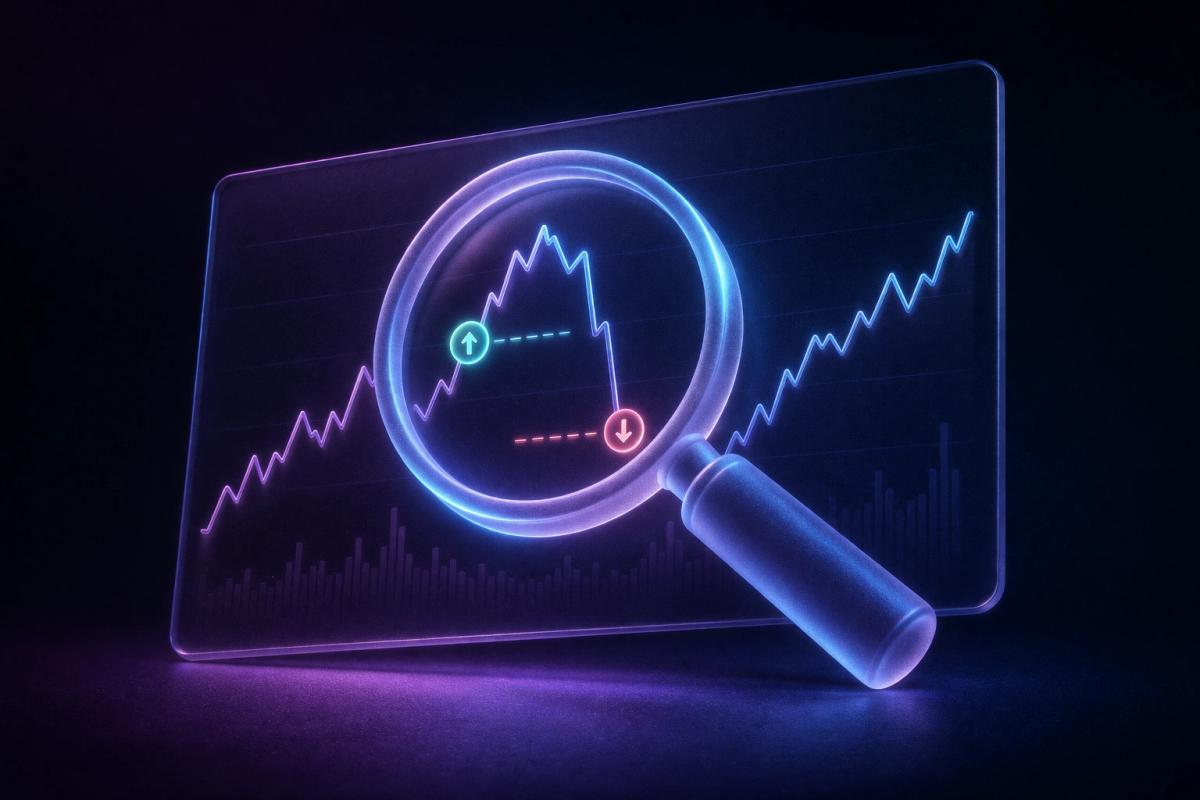 Lupa 3D de vidrio esmerilado enfocada sobre gráfico de trading con líneas de precio y marcas de entrada/salida
