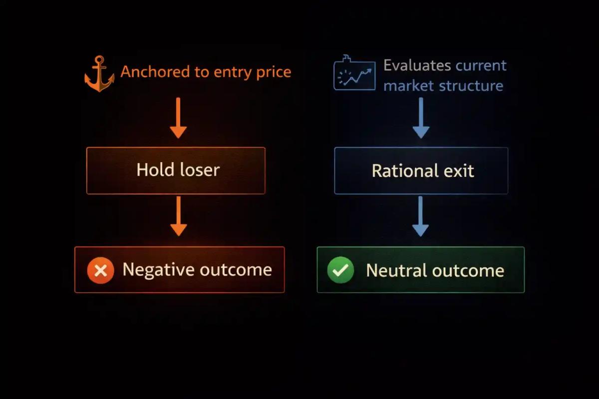 Side-by-side diagram comparing an anchored trader holding a losing position versus a rational trader exiting based on current market structure