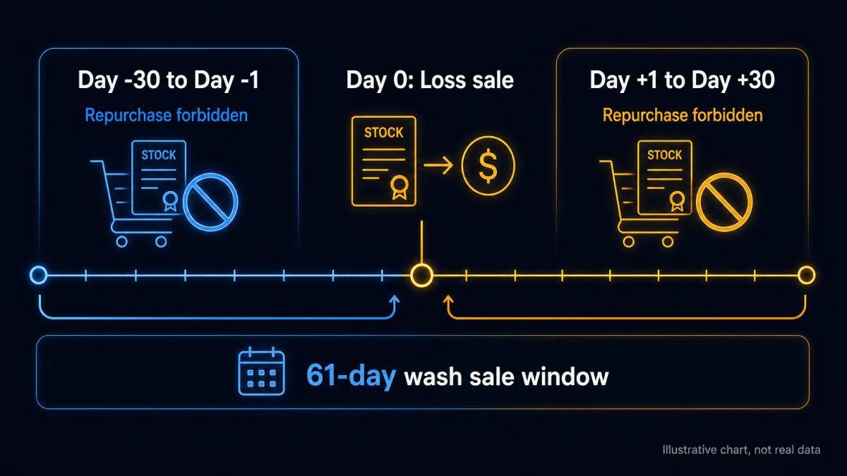 Timeline showing loss sale on day zero with 30-day zones before and after, marking forbidden repurchase periods