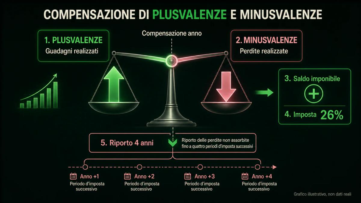 Schema di compensazione fiscale: plusvalenze e minusvalenze che si incontrano su una bilancia, con riporto in avanti delle pe