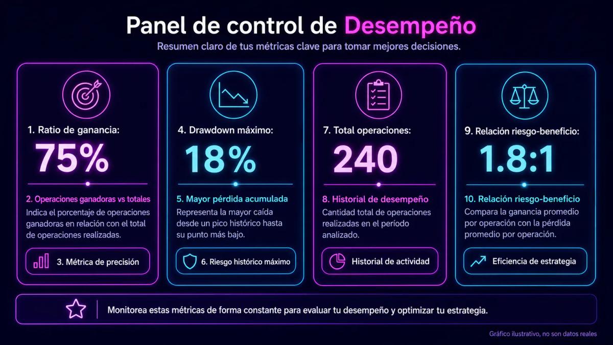 Tabla de métricas de evaluación de traders con ratio de ganancia, drawdown máximo y estadísticas de riesgo