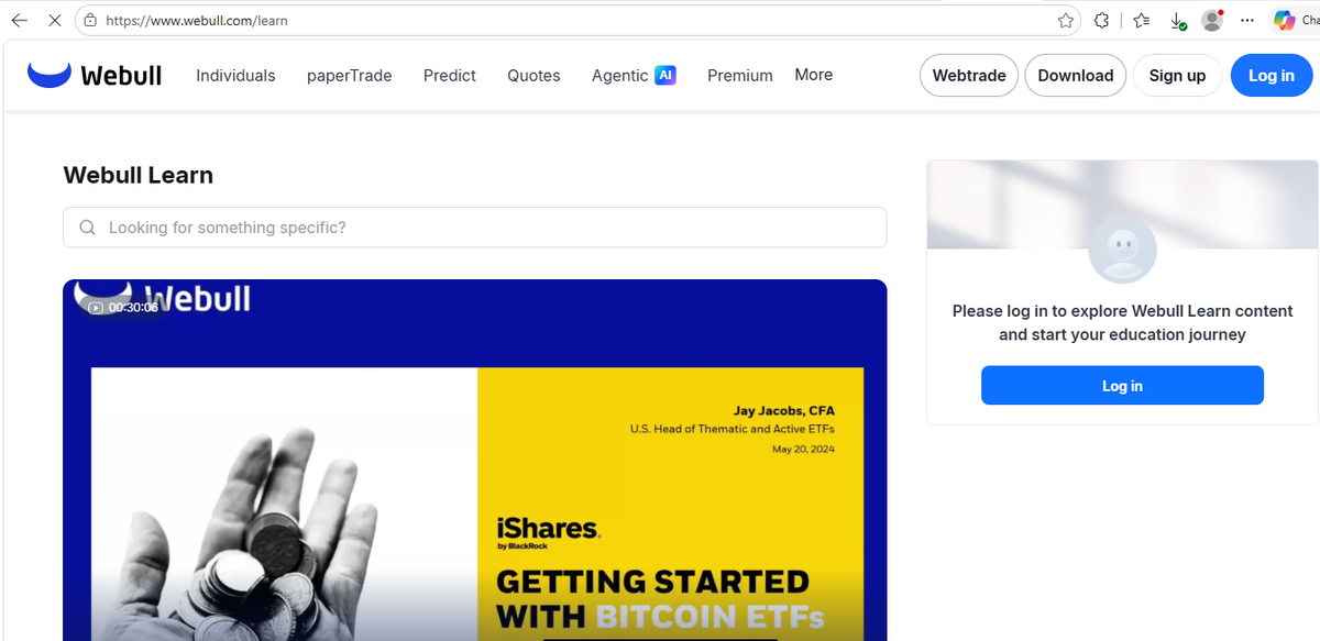 Portada de Webull Learn con artículos y cursos para inversionistas
