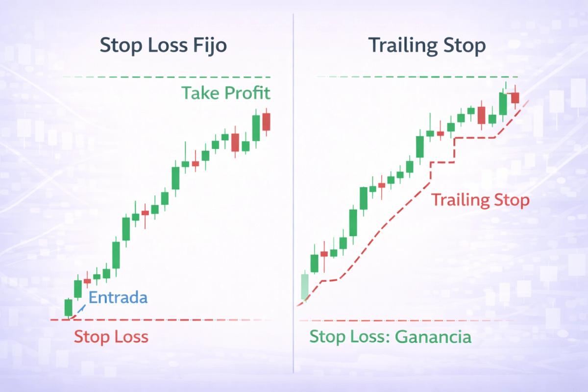 Diagrama comparativo lado a lado mostrando stop loss fijo que permanece en el mismo nivel versus trailing stop que se ajusta al mismo movimiento de precio, resaltando la diferencia en resultado final