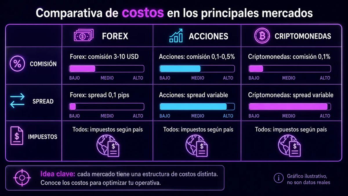 Tabla comparativa de costos en forex, acciones y criptomonedas: comisión, spread e impuestos