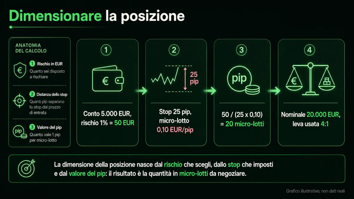 Il calcolo della dimensione di posizione: dal rischio in euro alla distanza dello stop fino ai micro-lotti