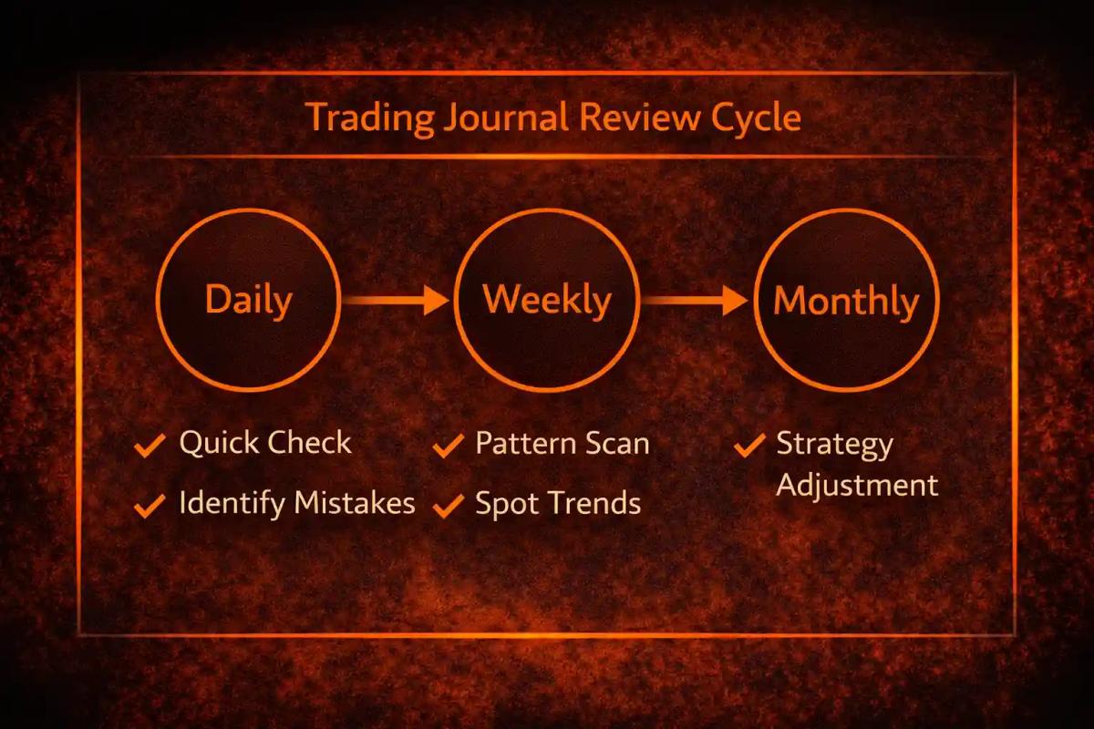 Trading journal review cycle flowchart showing daily, weekly, and monthly review steps