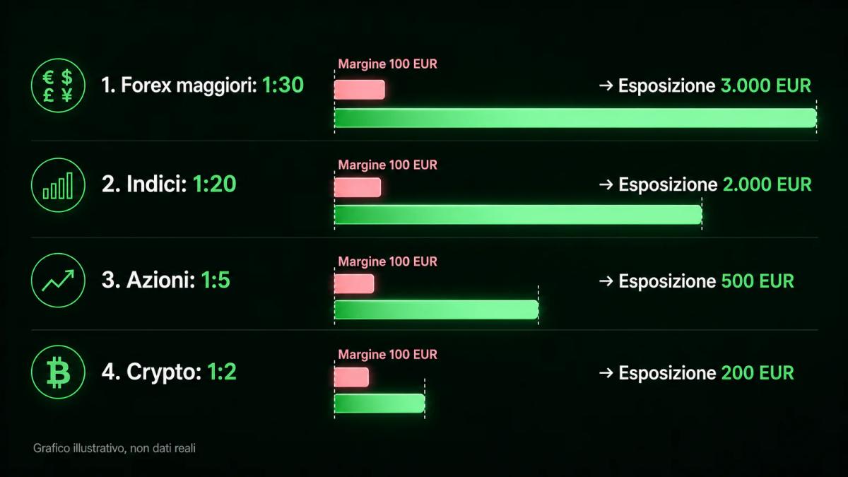 Infografica che mostra i limiti di leva ESMA per CFD retail: 1:30 forex, 1:20 indici, 1:5 azioni, 1:2 crypto