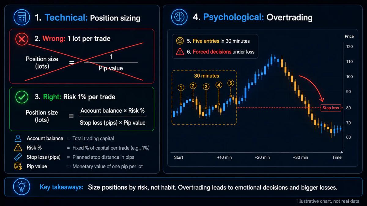 Two-column comparison: technical mistake showing position sizing formula error, psychological mistake showing emotional overt