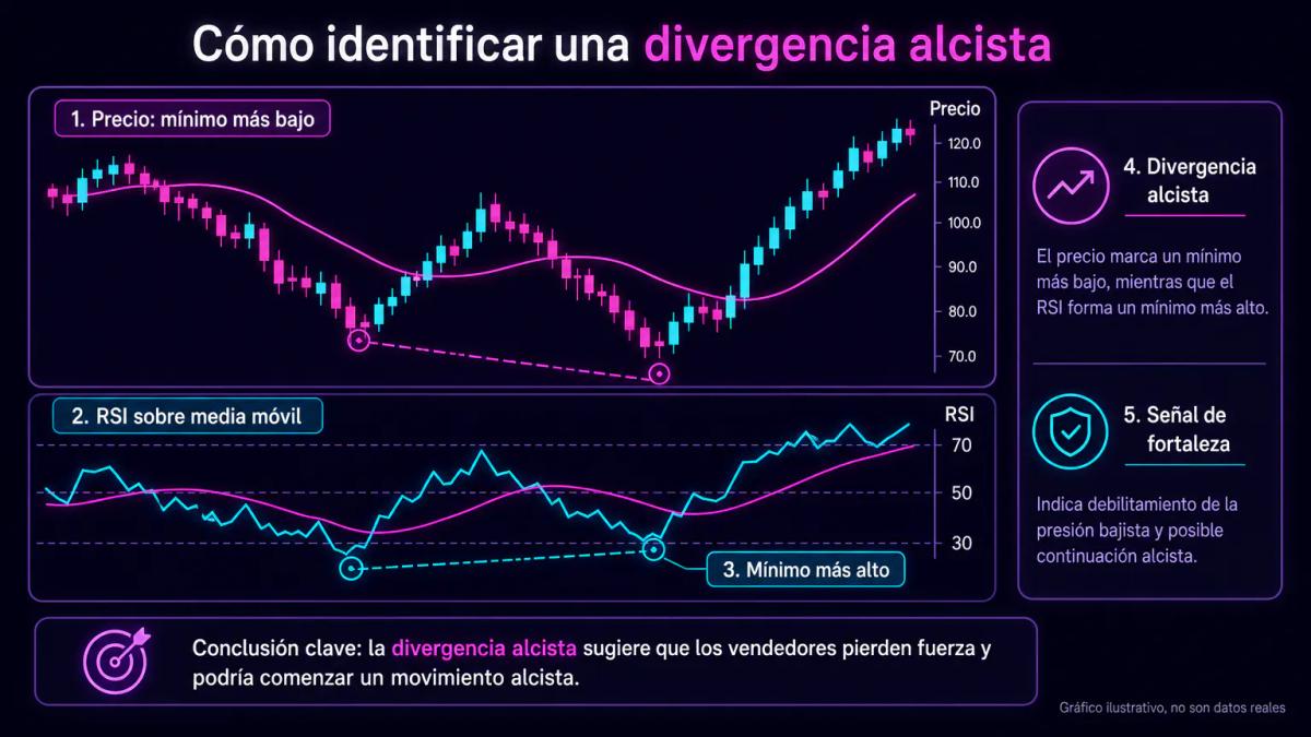 Gráfico editorial con RSI aplicado sobre media móvil, mostrando divergencia entre precio y indicador