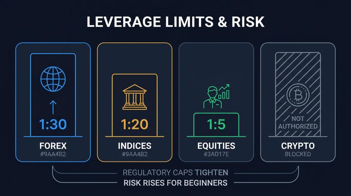 Four stacked bars showing FCA leverage caps: forex 1:30, indices 1:20, equities 1:5, crypto restricted