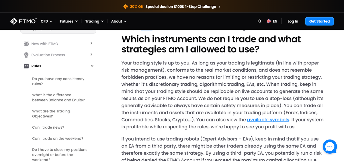 FTMO trading conditions page listing instruments, leverage and platform options