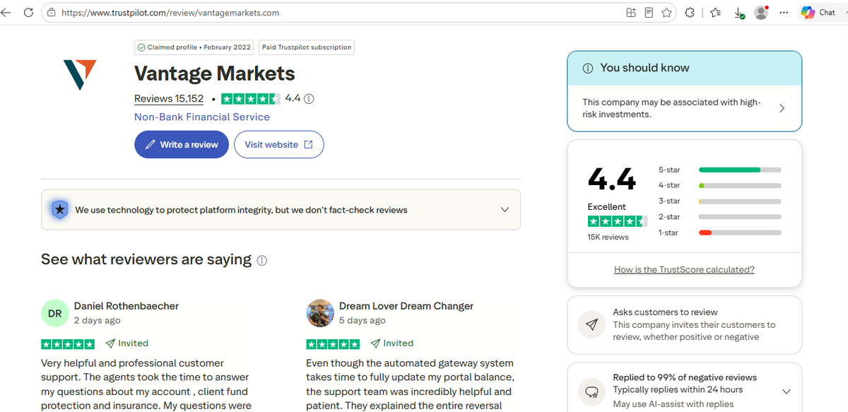 Perfil de Vantage en Trustpilot con puntuación promedio y número de reseñas
