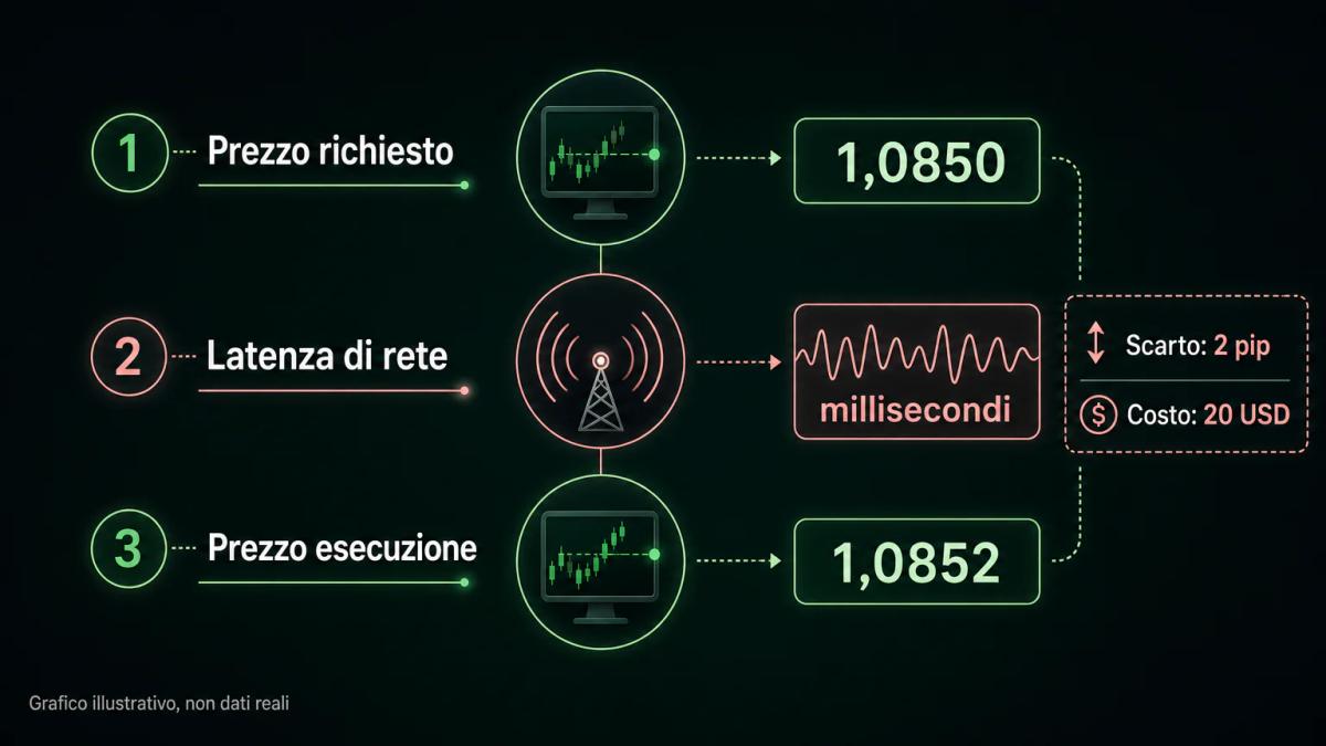 Anatomia dello slippage: prezzo richiesto, latenza di rete e prezzo di esecuzione finale