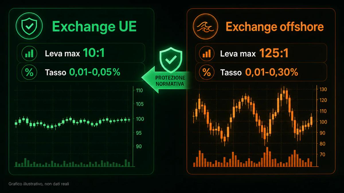 Tabella comparativa che contrappone leva e tasso di funding tra exchange UE regolamentati e piattaforme offshore non regolame