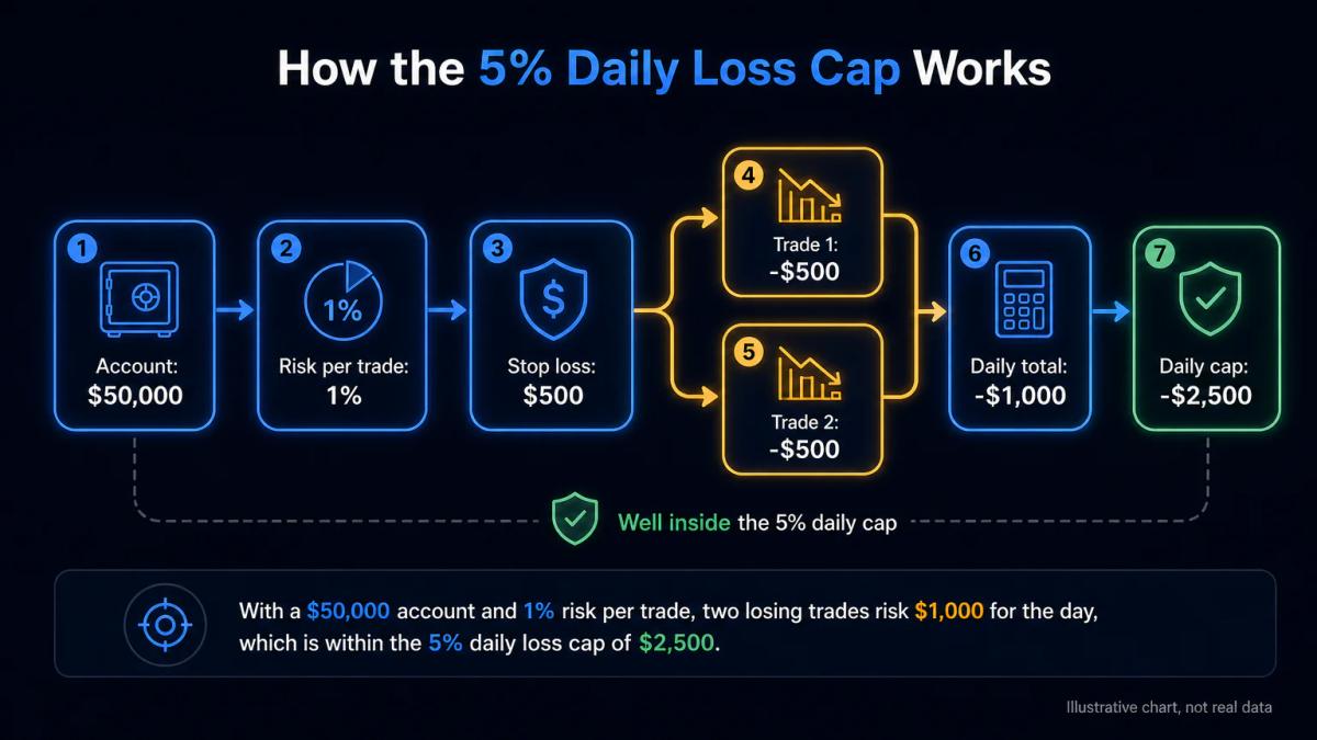 Position sizing calculation on $50,000 account: risk 1% per trade equals $500 stop loss, two losing trades equals $1,000 dail