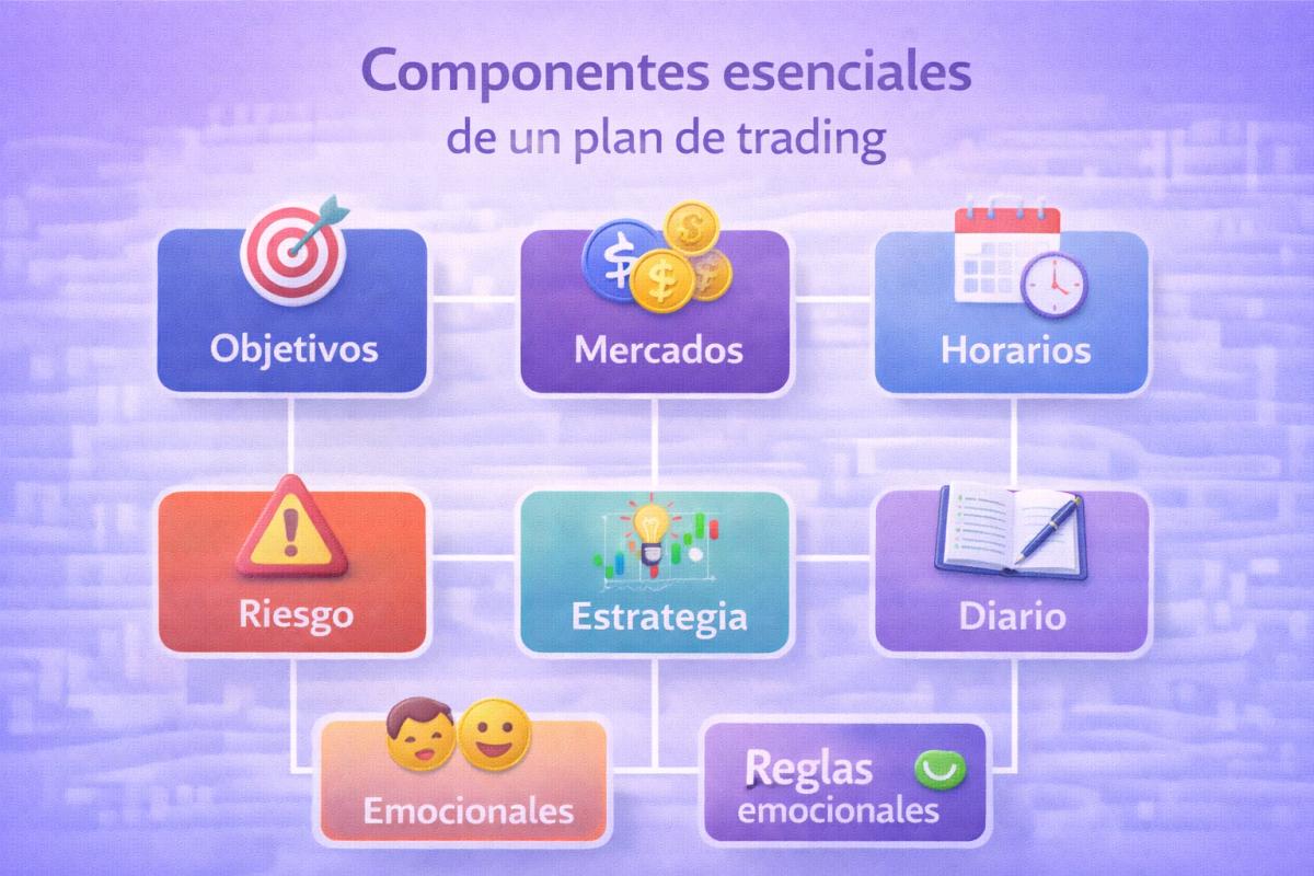Infografía con los 7 componentes esenciales de un plan de trading