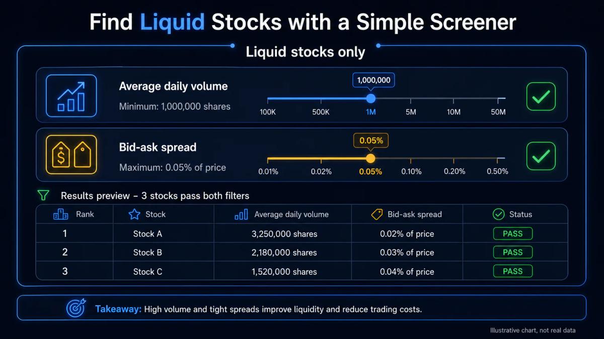 Stock screener filter panel with volume and bid-ask spread settings labeled