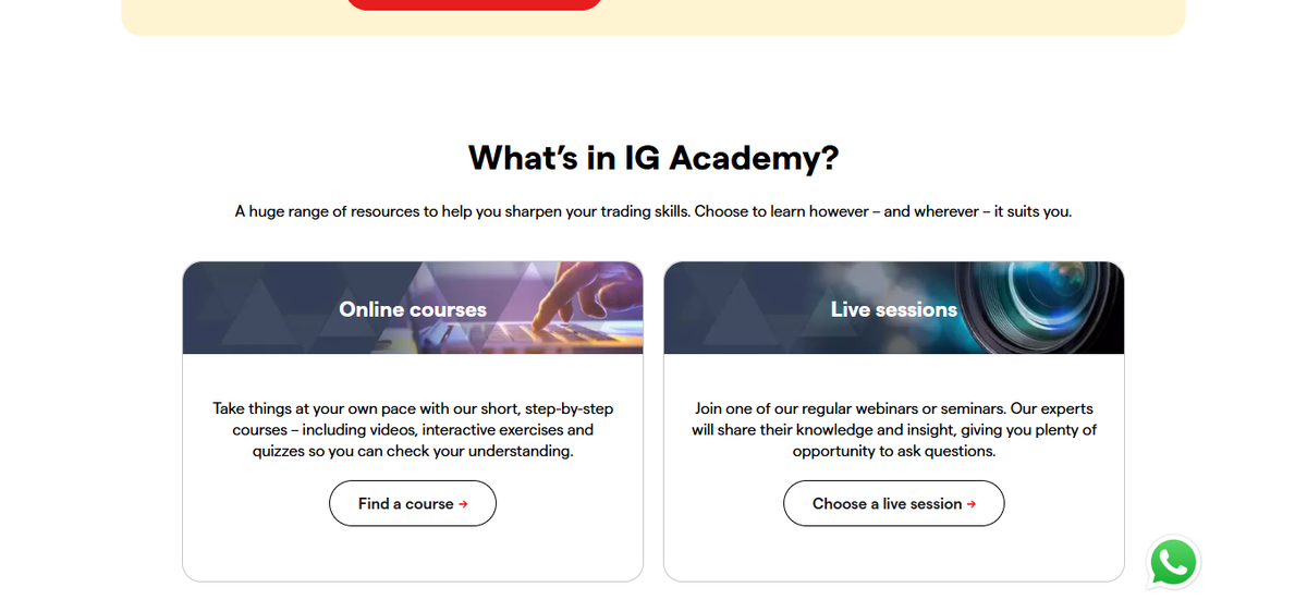 Catálogo de cursos de IG Academy con lecciones para traders principiantes y avanzados