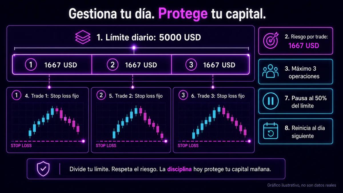 Límite diario de 5000 USD dividido en 3 operaciones de máximo 1667 USD cada una, con stop loss fijo en cada trade