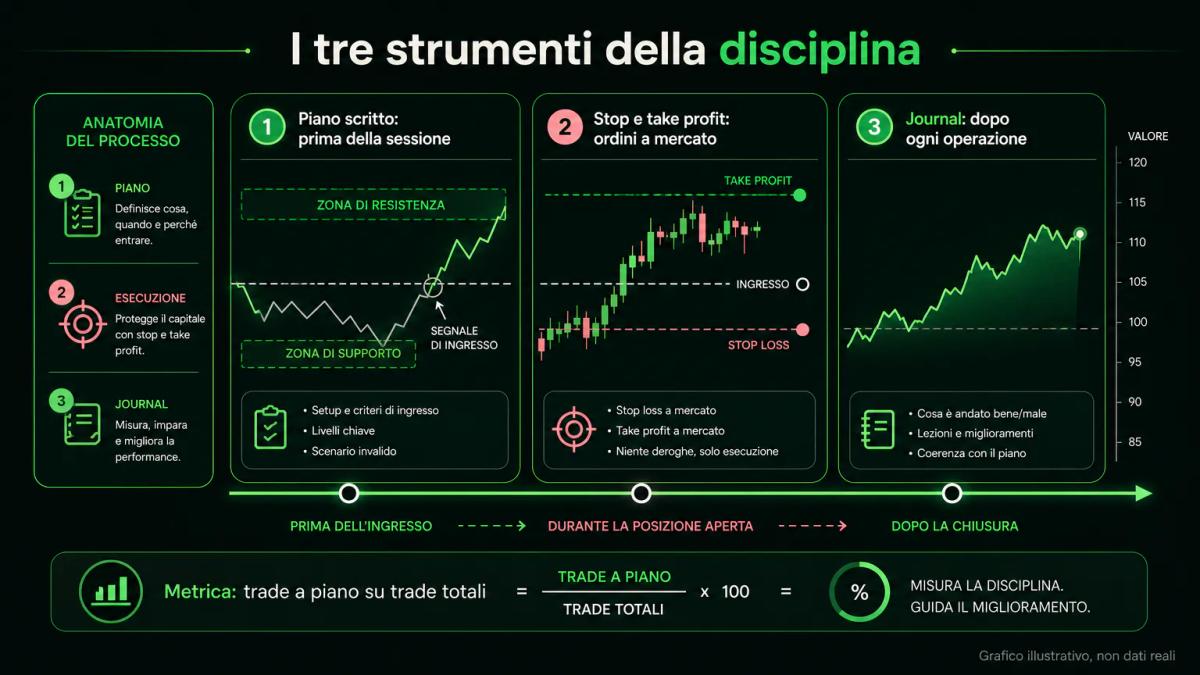 I tre strumenti che costruiscono disciplina: piano scritto prima, ordini a mercato durante, journal dopo l'operazione