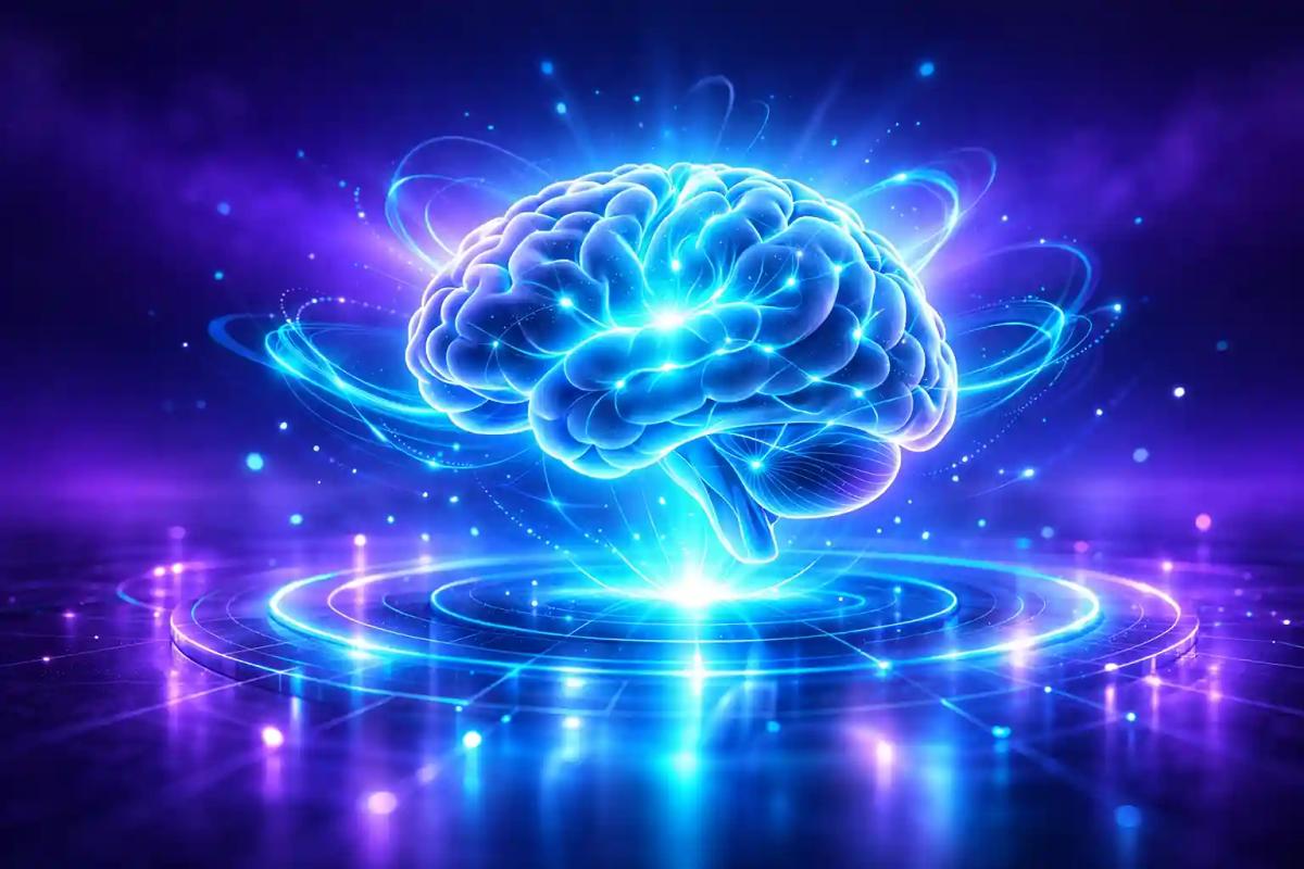 Cerebro estilizado en vidrio esmerilado con ondas de energía en azul y cian sobre fondo púrpura
