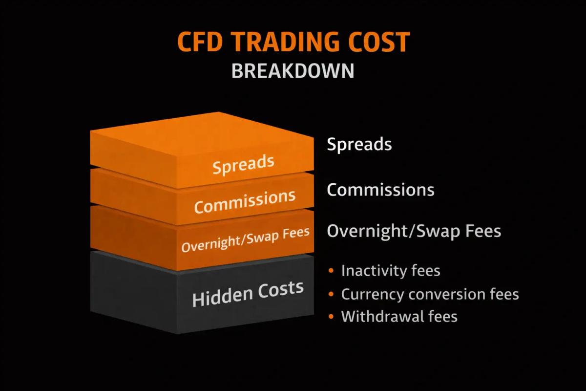 CFD trading cost breakdown showing spreads commissions overnight fees and hidden costs like inactivity and conversion fees