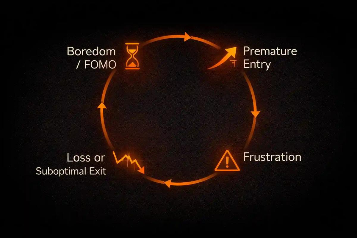 Flowchart showing the trading impatience cycle from FOMO to premature entry to loss to frustration and back