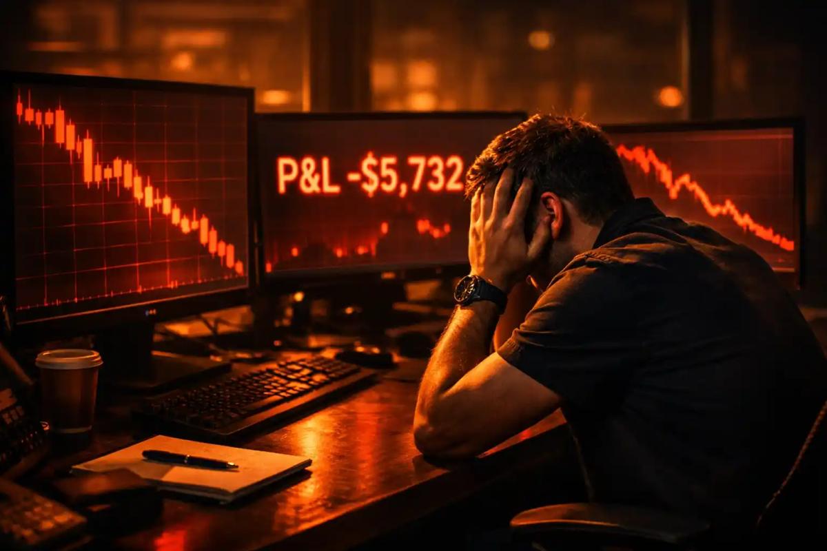Frustrated trader with head in hands at a multi-monitor trading desk showing red losses on screen